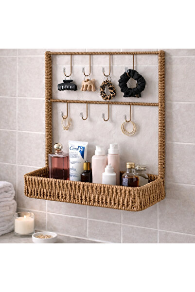 MİS KİTCHEN Rattan Organizer with Basket and 8 Hangers Bathroom Kitchen Jewel...