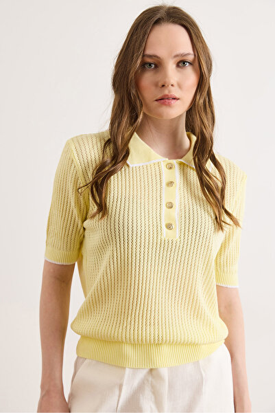 Olalook Women's Yellow Striped Detail Polo Neck Lace-Like Knit Knitwear Blous...