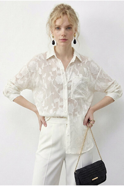 Bianco Lucci Women's Embossed Rose Patterned Sheer Chiffon Shirt 354 60286028