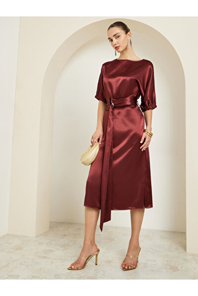 Styli Burgundy Satin Sheath Midi Dress with Belt