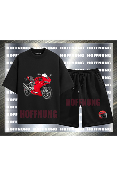 HOFFNUNG UNISEX Καθημερινό Σετ με Κοντά Μανίκια και Στάμπα Κρανών Μοτοσικλέτα...