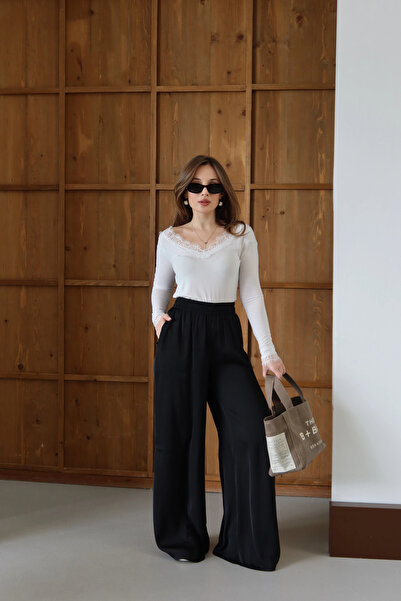 roea Elastic Waist Draped Wide Leg Trousers Black