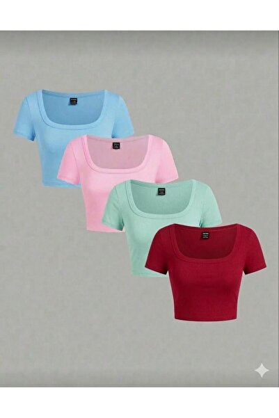 MİLYA&GYM Pachet de 4 tricouri crop din bumbac, cu guler pătrat, mulat pe cor...