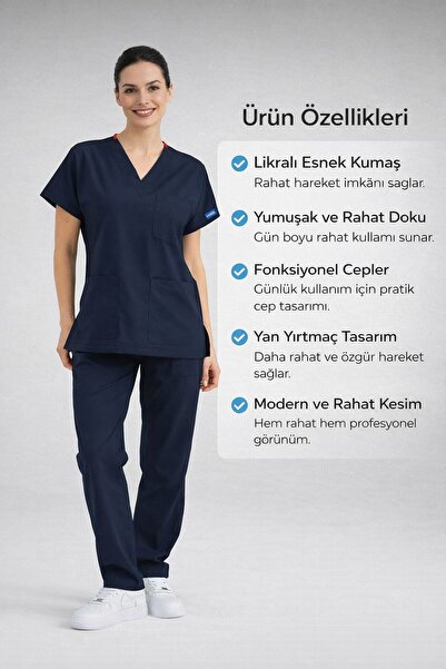 morpi Lacivert Likralı Unisex Yarasa Kol Hemşire Ve Doktor Forması Takımı Scr...