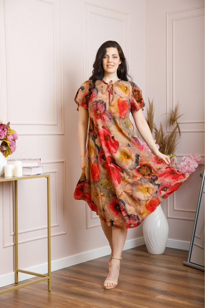 OEM Rochie elegantă cu tiv asimetric și imprimeu floral bej și roșu