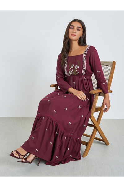 Styli Magenta Embroidered Tiered Maxi Dress