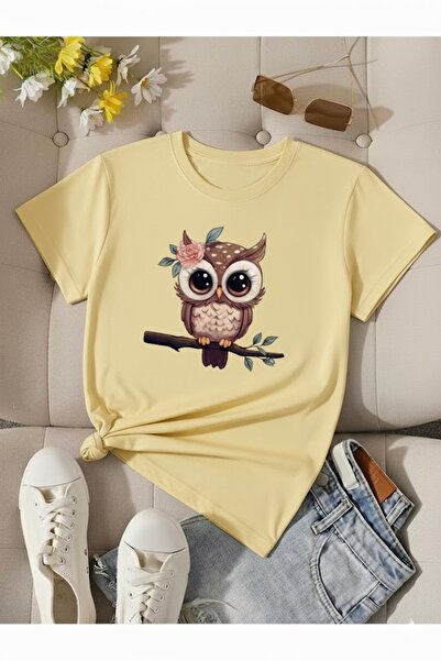 Joetsu sevimli Baykuş baskılı kadın tişört - Kadın yazlık baskılı T-shirt