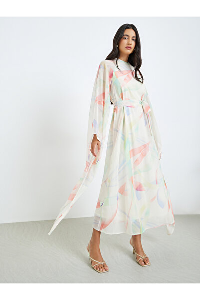 Styli فستان ماكسي بأكمام منسدلة حزام ربط