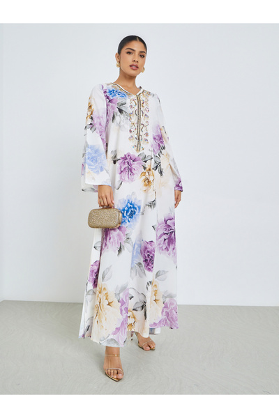 Styli Floral Print Sequined Jalabiya