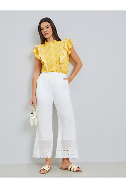 Take Two By Styli White Straight Leg Pants with Lace Hem Detail