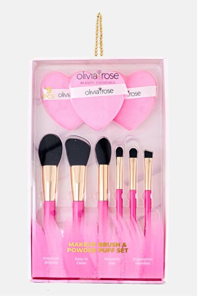 Olivia Rose 9 Pieces Makeup Brush And Powder Puff Set, Pink