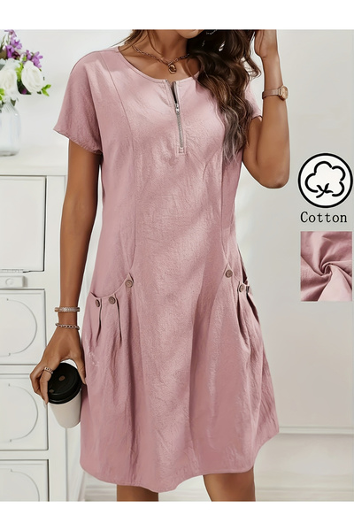 Take Two By Styli Light Pink Cotton A-Line Knee Length Dress