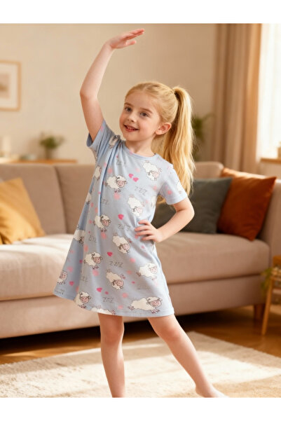 Take Two By Styli Girls Blue Sheep Print Short Sleeve Nightdress