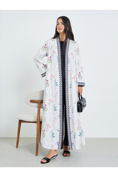 Amirah By Styli White Floral Print Front Open Abaya