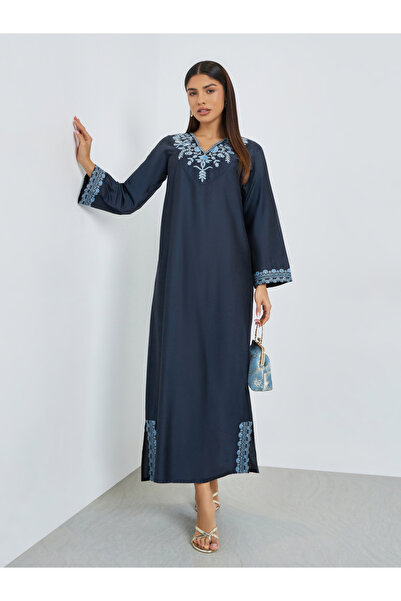 Amirah By Styli Navy Blue Embroidered Yoke Jalabiya