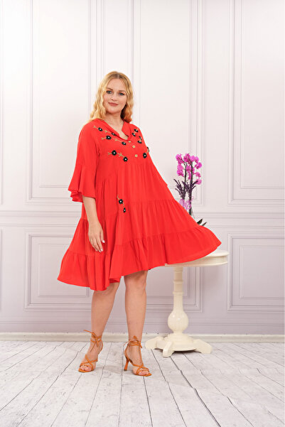 OEM Red boho chic dress with sewn floral appliqué