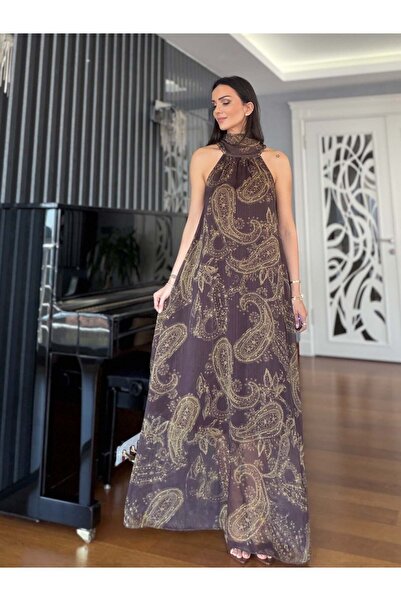 Atelier Derin Bitter Brown Shawl Pattern Sleeveless Dress