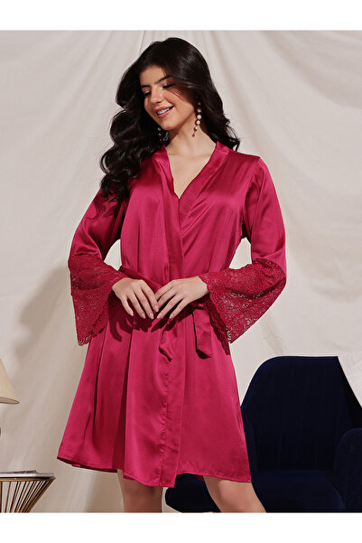 Clovia By Styli Magenta Satin Robe with Lace Sleeves
