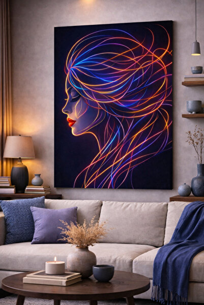 Mgi Design Portret de femeie în neon, pictură pe pânză – Pictură murală abstr...