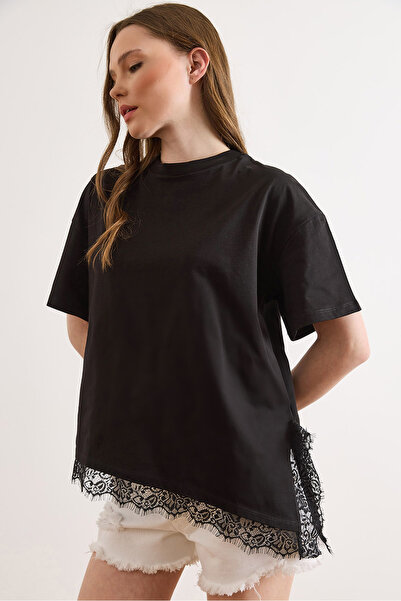 Olalook Γυναικείο Μαύρο άνοιγμα Δαντέλα Λεπτομερές Βαμβάκι Ασύμμετρο T-Shirt ...