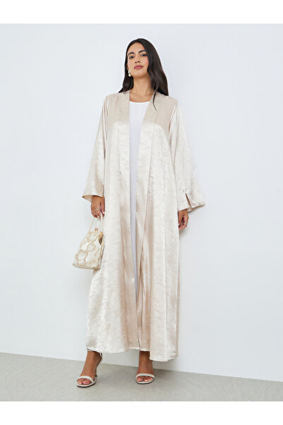 Amirah By Styli Beige Front Open Jacquard Abaya