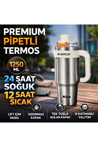 coofbe 42 Oz 6 Katman Paslanmaz Çelik Termos 1250ML Çift İçim Modlu Pipetli T...