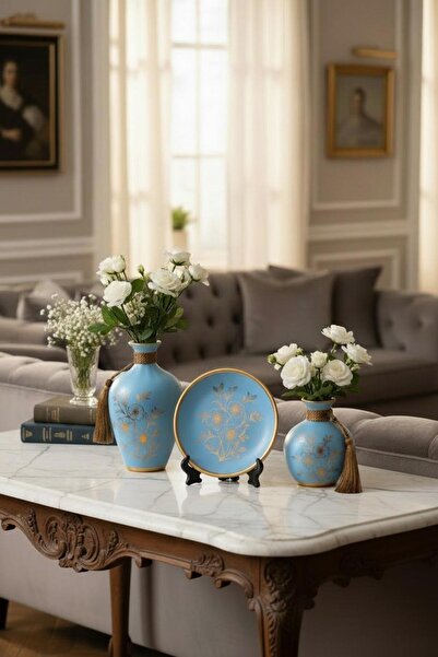 Bereketli Store Mavi Tabaklı Dekoratif Vazo Seti | Masa ve Konsol Dekorasyonu