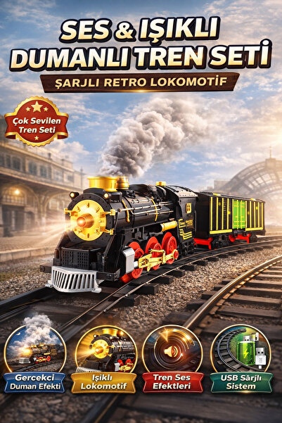 YILDIRIM OYUNCAK Sesli Işıklı Buharlı Tren Seti – Şarjlı Retro Duman Atan Lok...