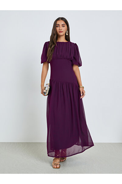 Styli Purple Fold Pleat Chiffon Maxi Dress