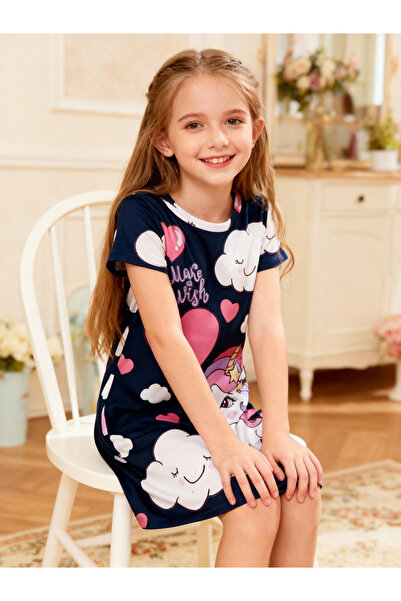 Take Two By Styli Girls Navy Blue Unicorn and Cloud Print Nightdress