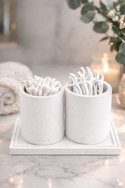 Lethe Design Banyo Organizer Seti Tepsili – Kulak Çubuğu ve Diş İpi Kabı Deko...