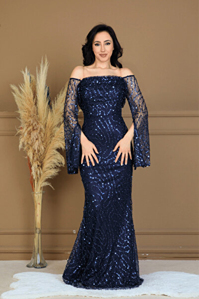 BEYBOS Βραδινό φόρεμα με λαιμόκοψη βάρκα και ύφασμα με πλήρη χάντρες - ΣΚΟΥΡΟ...