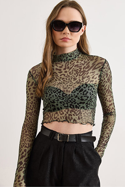 Olalook Γυναικεία Πράσινη Μπλούζα Λεοπάρ μοτίβο τεμαχίων Κοντό Ελαστικό Τούλι...