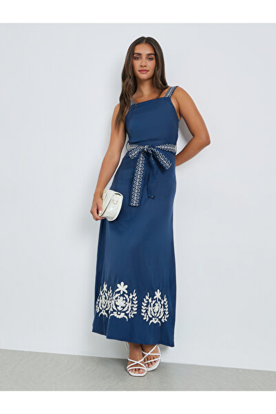 Styli Blue Embroidered A-Line Maxi Dress