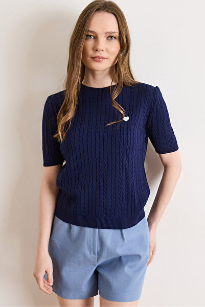 Olalook Γυναικεία Μπλούζα Πλεκτή ελαφρύ Πλεξούδες με Μπλε Ναυτικό Καρδιά Με κ...