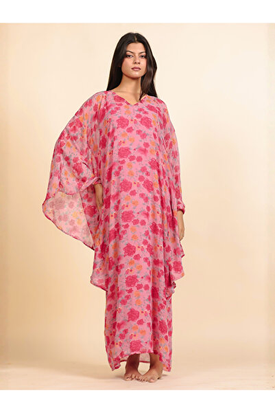 The Kaftan Company By Styli Pink Floral Georgette Kaftan Dress with Inner Slip