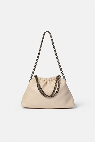 Çantacımstore Women's Drawstring Chain Mini Leather Bag Beige