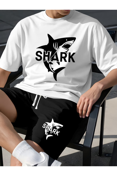 LAVİTTA Shark Printed T-Shirt Black Shorts Knitted Bottom Top Set