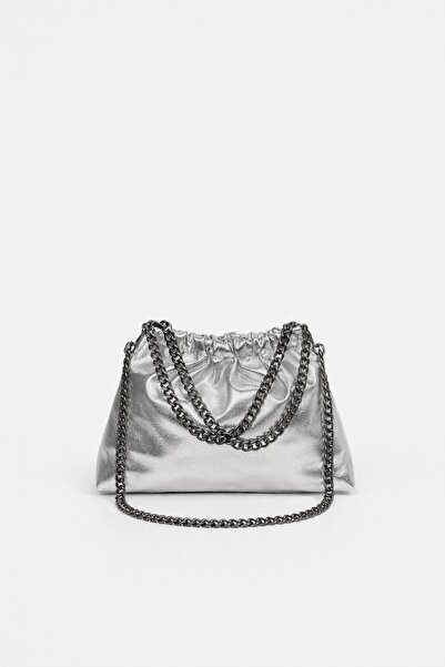 Çantacımstore Women's Drawstring Chain Mini Leather Bag Silver