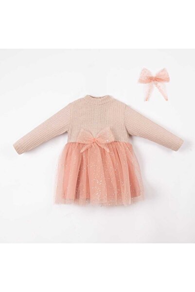 SİELA ÇOCUK Pudra Renkli Triko Sim Detaylı Tütülü Kız Bebek Elbise-Toka Hediyeli