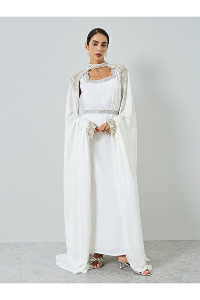Maxim Creation By Styli White Embellished Cape Kaftan and Dress Set