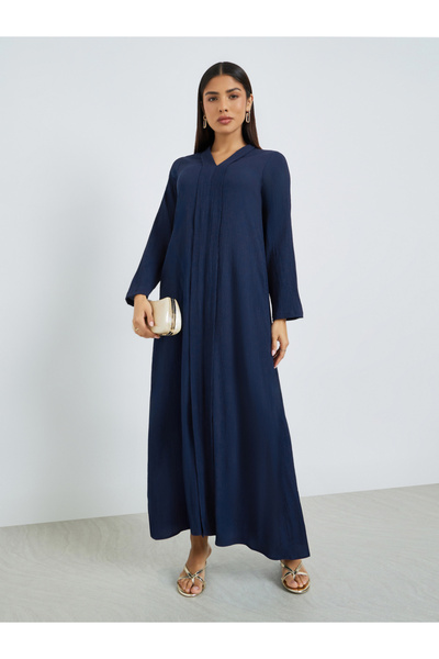 Amirah By Styli Navy Blue Crepe V Neck Jalabiya