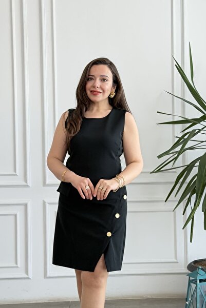 yb yağmur butik Ornamental Button Detailed Sleeveless Dress