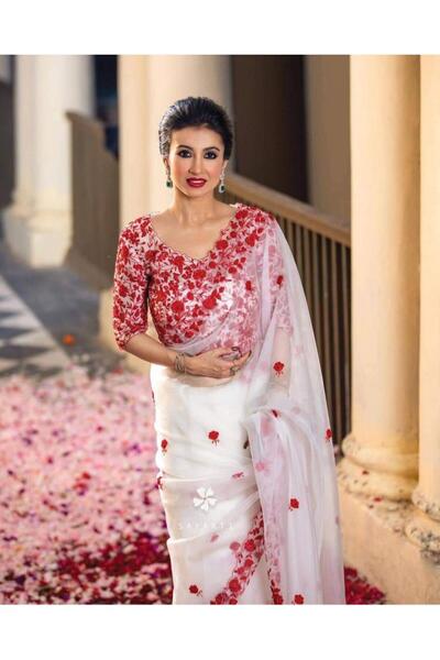 VBT ساري أبيض من الأورجانزا للنساء مع بلوزة غير مخيطة