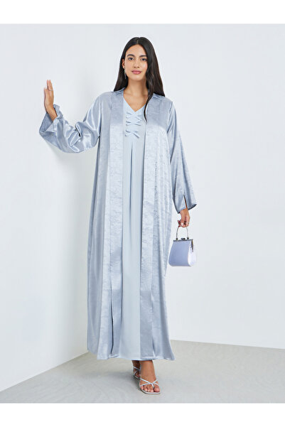 Amirah By Styli Blue Front Open Jacquard Abaya