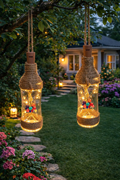 ecrella 2’li Rustik Şişe LED Balkon Bahçe Süsü – Jüt Halatlı Dekoratif Askılı...