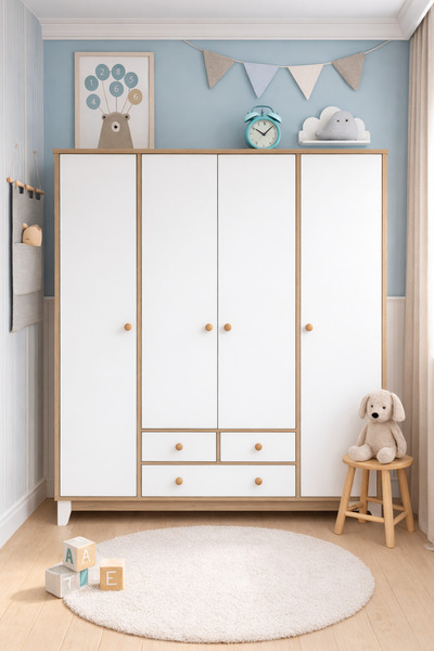 Koza %100 MDF Bonnie Ahşap Beyaz 4 Kapılı Bebek & Çocuk Gardırop