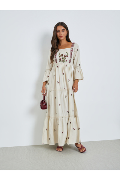 Styli Cream Embroidered Tiered Maxi Dress