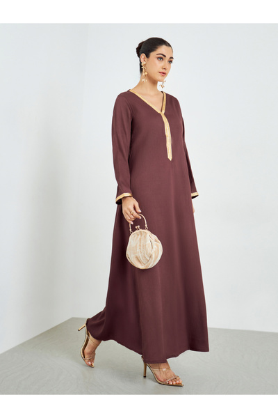 Amirah By Styli Brown Textured Jalabiya with Lace Trim