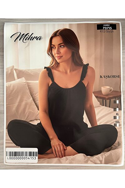 GAMZELİRENKLERİM Ribbed Knit Black Ruffled Detail Strappy Set - Bottom Long T...